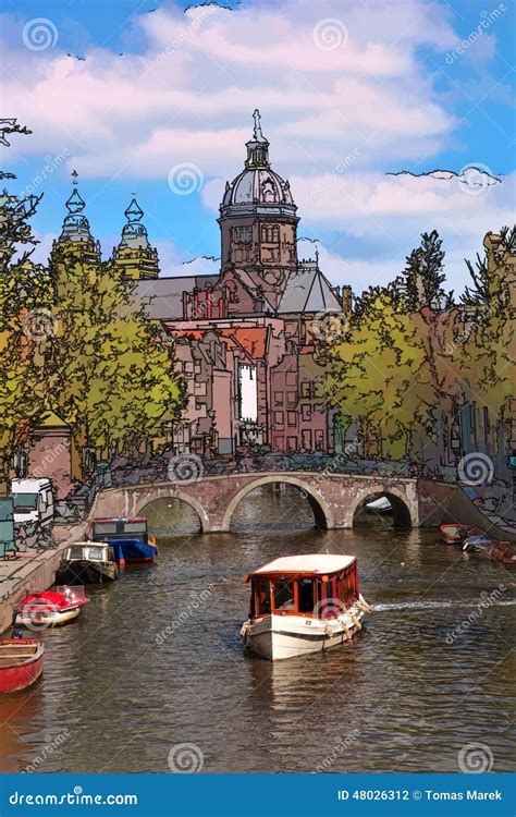 De Stad Van Amsterdam Met Boten Op Kanaal In Holland Stock Foto Image
