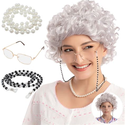vibe old lady wig costume set gray hair granny wig with pearl necklace glasses glass chain