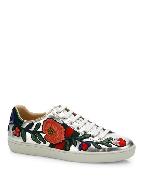 Gucci New Ace Floral Embroidered Metallic Leather Sneakers In Metallic