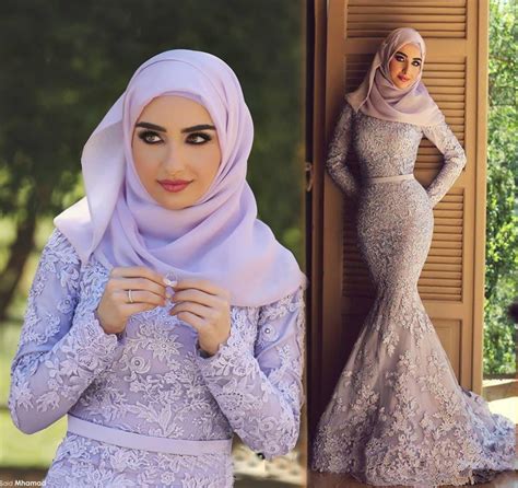 Fashion Lace Lilac Muslim Evening Dress 2016 New Long Sleeves Appliques