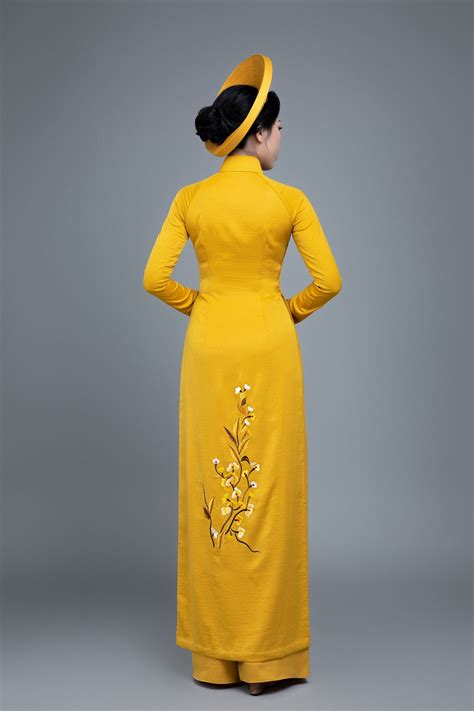 Custom Made Vietnamese Ao Dai Dress In Yellow With Embroidered Peacoc Markandvy Ao Dai
