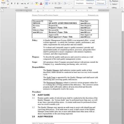 Manufacturing Procedure Template Manufacturing Policies And Procedures