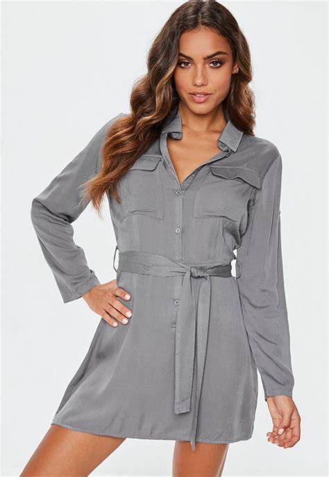 Grey Tie Waist Utility Shirt Dress Skater Dresses Casual Fashion