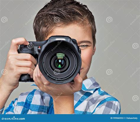 Boy With Camera Taking Pictures Stock Image Image Of Photograph