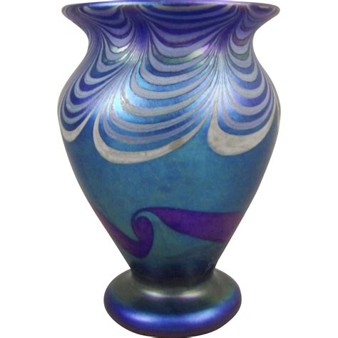 Vandermark C1978 Decorated Blue Iridescent Art Glass Vase From