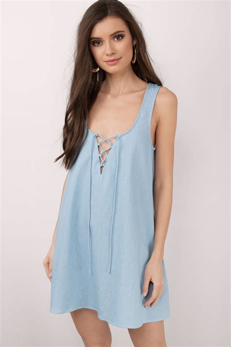 Isabell Chambray Plunging Shift Dress In Blue 14 Tobi Us