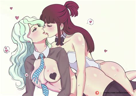 Rule 34 2girls Akko Kagari Blue Eyes Blush Breast Grab Brown Hair