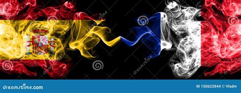 Spain Vs France French Smoky Mystic Flags Placed Side By Side Thick Colored Silky Smokes Flag