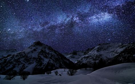 Nature Landscape Mountain Winter Starry Night Milky