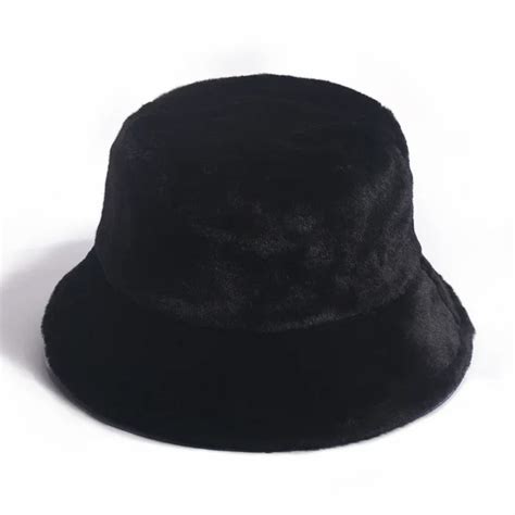 Black Soft Warm Faux Fur Bucket Hat