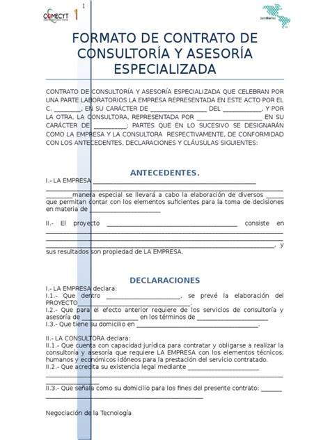 Formato De Contrato De Consultoría Y Asesoría Especializada Pdf