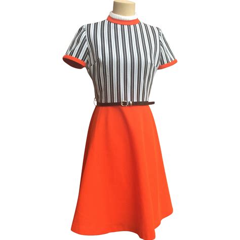 Retro Mod Orange Dress W Black And White Striped Bodice From