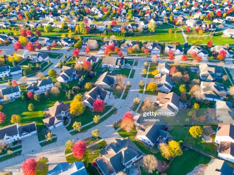 Breathtaking Aerial View Of Idyllic Autumn Neighborhoods High Res Stock