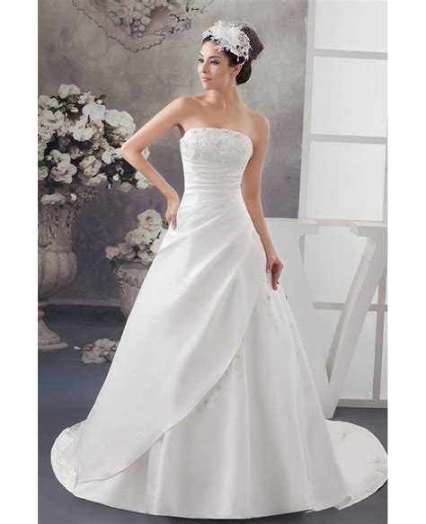 Strapless Lace Pleated Beaded Satin Wedding Dress With Corset Back