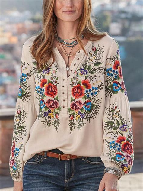 Casual Floral V Neck Long Sleeve Shirts And Tops Fashion Boho Blouses
