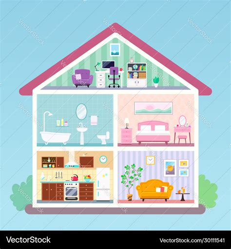 House Inside Cross Section Rooms With Furniture Vector Image