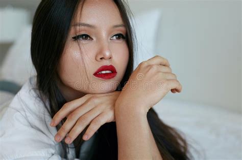 beauty woman face beautiful asian model with red lips makeup stock image image of stylish