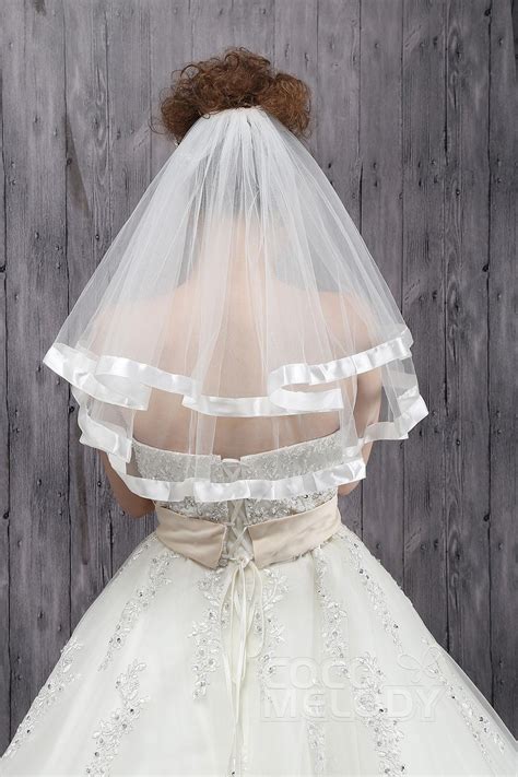 Charming Two Tier Ribbon Edge Tulle Ivory Elbow Veils Cv0015010