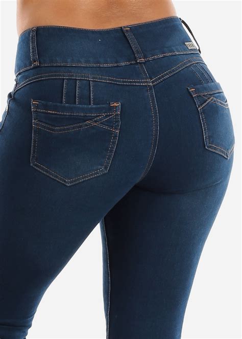 modaxpressonline women s mid rise dark wash push up butt lifting slim skinny jeans 10284j