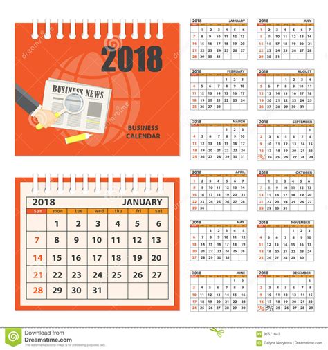 Business Calendar For Wall Or Desk Year 2018 Stock Vector