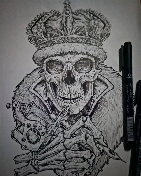 A Drawing Of A Skull Wearing A Crown And Holding Two Crossed Swords