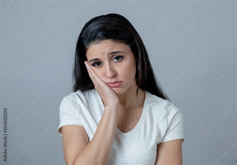 Human Expressions Emotions Young Attractive Woman With A Depressed Face Looking Sad And