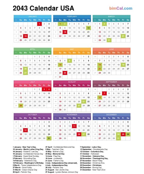 2043 Calendar Usa Bimcal