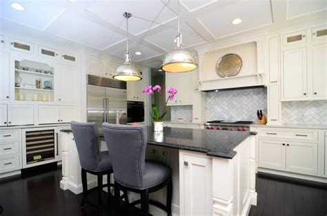 Emerald green bar stools with bronze legs. Open Plan Soft White Cabinets Contrasting Dark Floors ...