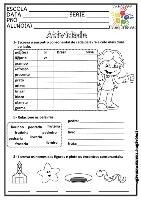 Encontro vocálico e consonantal Atividade de língua portuguesa para trabalhar encontro vocálico