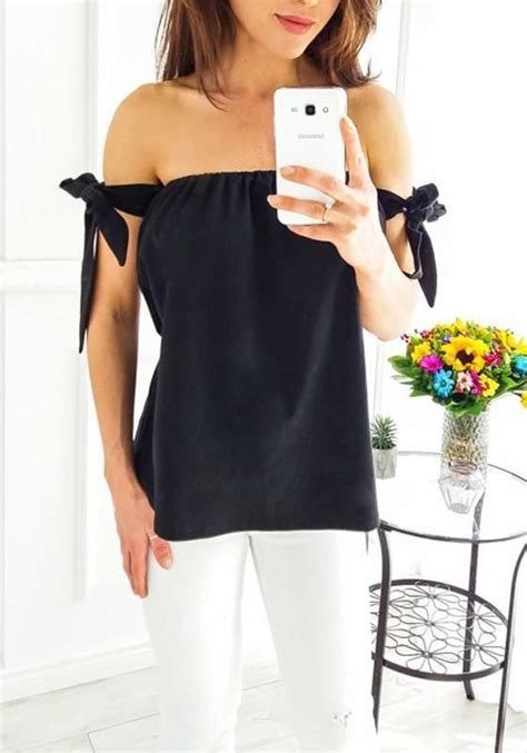 Black Plain Bandeau Ruffle Strapless Casual Spandex T Shirt Fashion