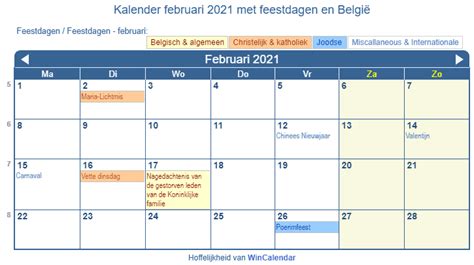Belgie Kalender Voor Afdrukken Februari 2021