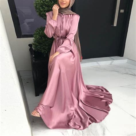 Muslim Satin Dress Women Abaya Elegant Dubai Turkey Arabic Islamic Turkey Caftan Hijab Saudi