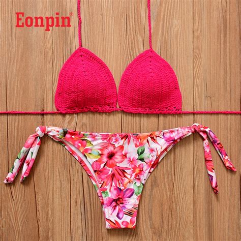 eonpin 2017 pink knitted swimsuit sexy swimwear women summer dress handmade crochet bikinis
