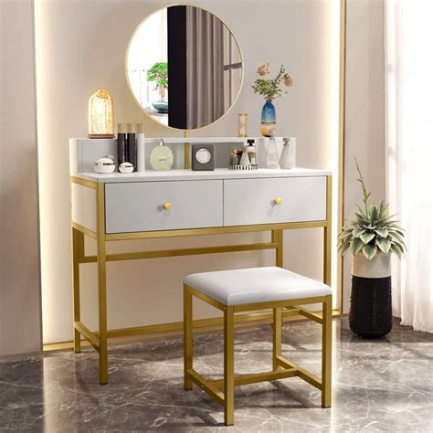 Tribesigns Large Vanity Set With Round Mirror And Cushioned Stool