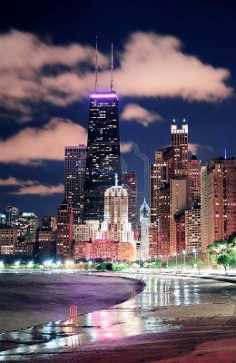 Chicago City Urban Skyscraper At Night At Downtown Lakefront