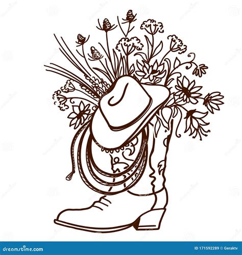 Cowboy Boot With Flowers Isolated On A White Background Sketch Hand