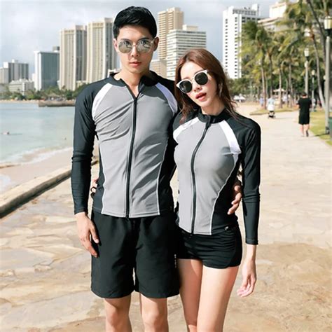 Couples Swimsuits Matching Outfits Front Zipper Long Sleeve Topandsolid Bottom Beachwear Bathing