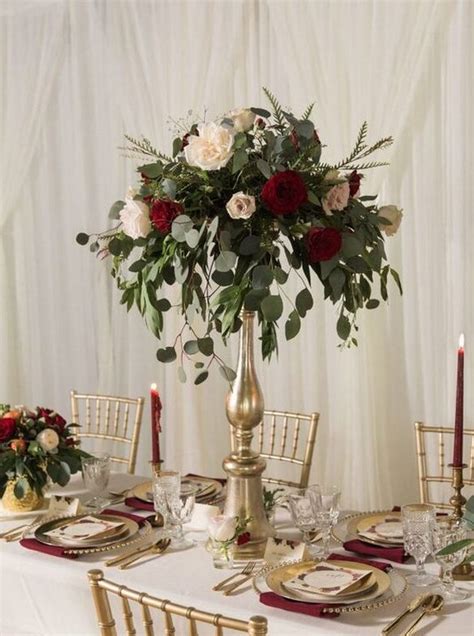 Burgundy And Gold Tall Wedding Centerpiece Vip Floral