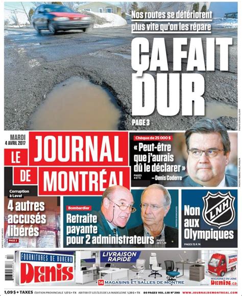 Journal Le Journal De Montréal Canada Les Unes Des Journaux De Canada Édition Du Mardi 4 De