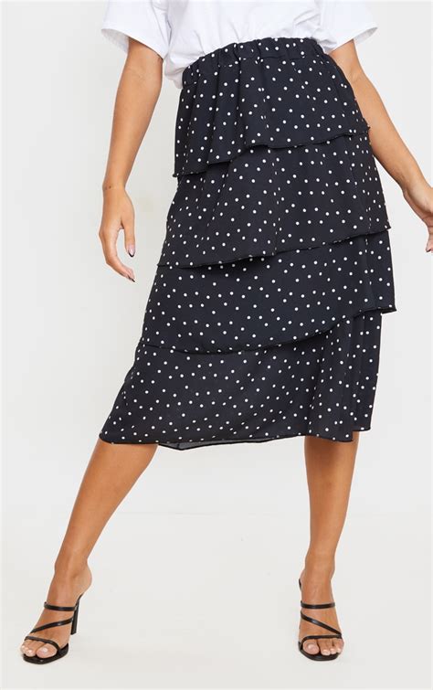 Black Polka Dot Tiered Midi Skirt Skirts Prettylittlething