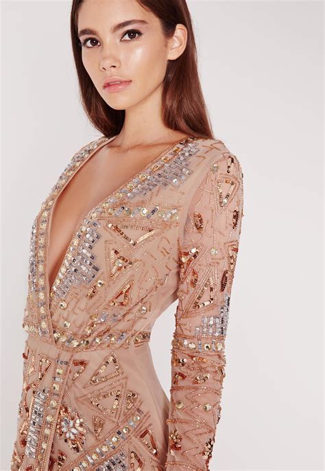 Description 2019 new silver sequins wrap dress lacing up waist split slim fit women long sleeve tea dresses bow tide vestido party brand name: Missguided Premium Long Sleeve Sequin Embellished Wrap Mini Dress Gold in Metallic - Lyst