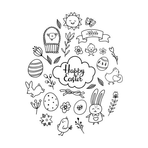 Premium Vector Happy Easter Black And White Set Of Doodle Elements