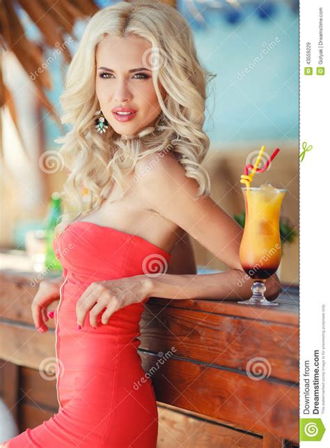 Beautiful Blonde Woman In Bar Stock Image Image Of Happiness Beauty