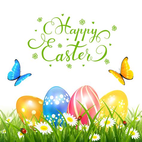 Easter Eggs On Grass And Butterflies Vector Free Download