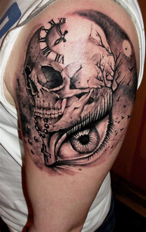 The clock is numbered in roman numerals. Rose Skull And The Clock Tattoos On Half Sleeve » Tattoo Ideas