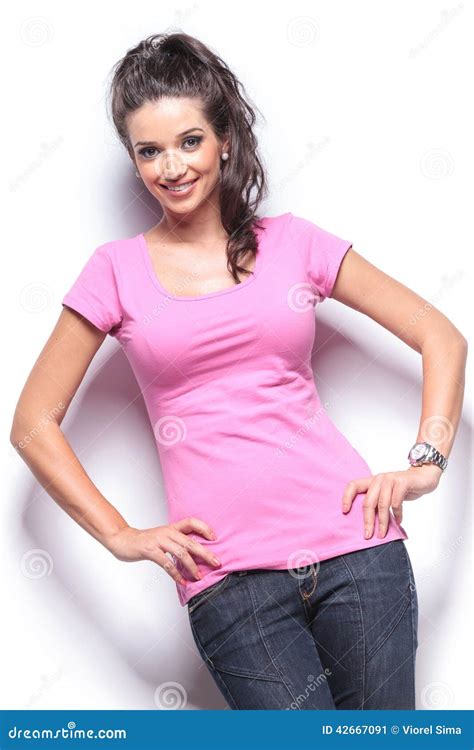 Smiling Casual Woman Standing With Hands On Hips Stock Image Image Of