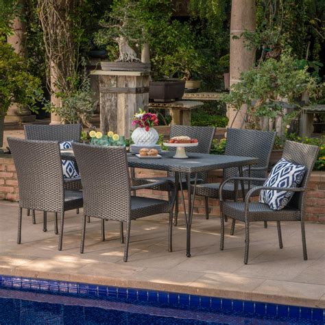 Noble House Macy Grey 7 Piece Wicker Outdoor Dining Set With Stacking