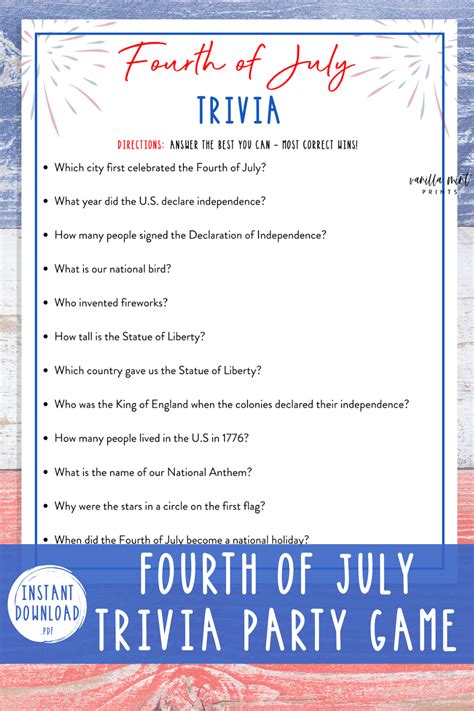 Looking for a fun and stimulating game to play for the 4th of july holiday? Fourth of July Trivia Game Fourth of July Printable Games | Etsy in 2020 | Fourth of july ...