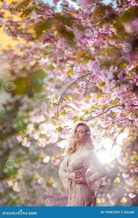 Beautiful Young Woman Standing At Blossoming Tree In The Garden Stock Image Image Of Adult