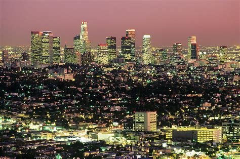 Usa California Los Angeles Illuminated Cityscape At Night Aerial